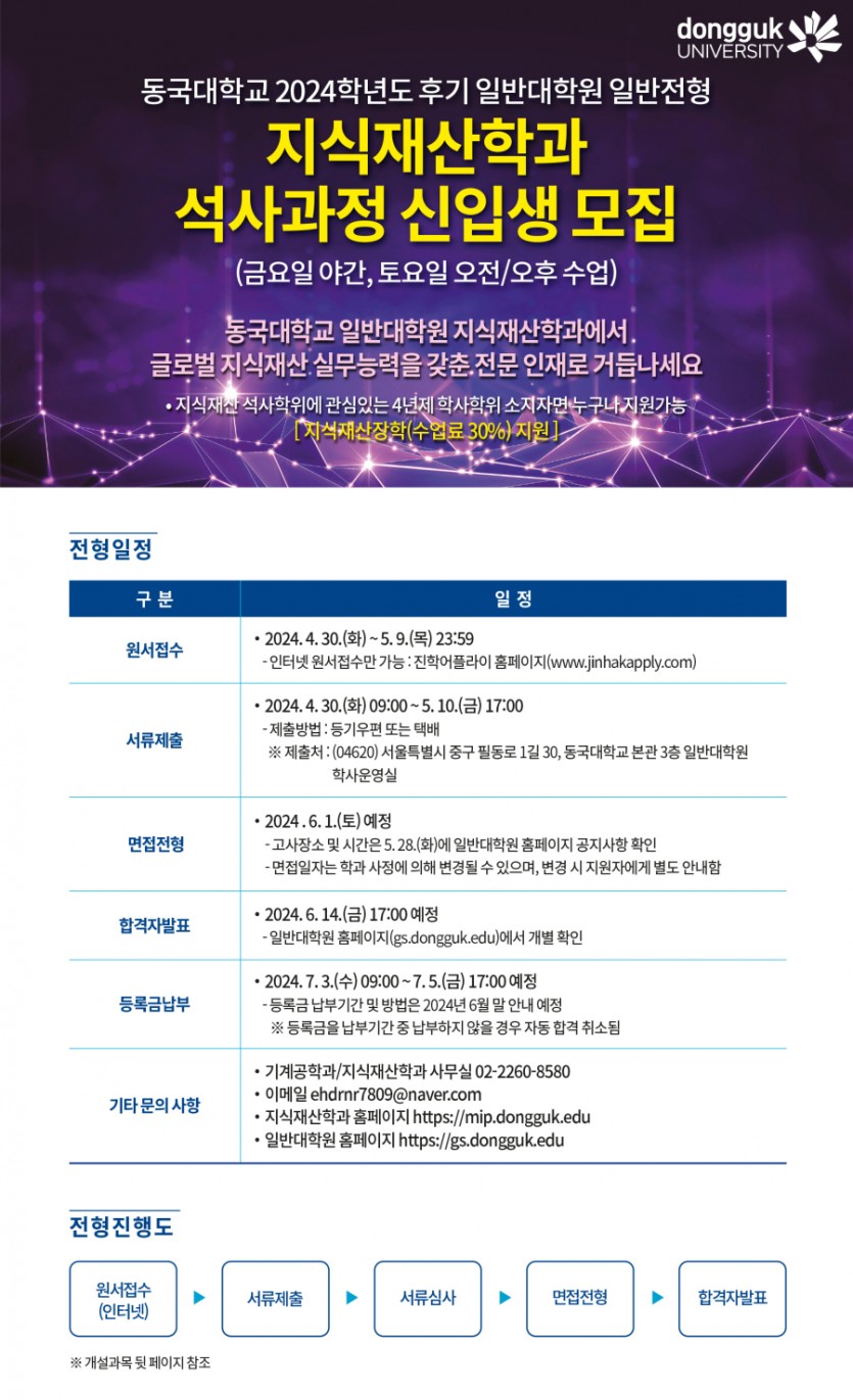 모집] 2024학년도 후기 일반대학원 지식재산학과 석사과정 일반전형 모집 안내 > 공지사항 | 동국대학교 지식재산학과